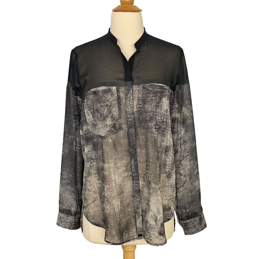 Cop Copine Sheer Blouse Black Gray Sheer Abstract Long Sleeve High Low Size 36/S